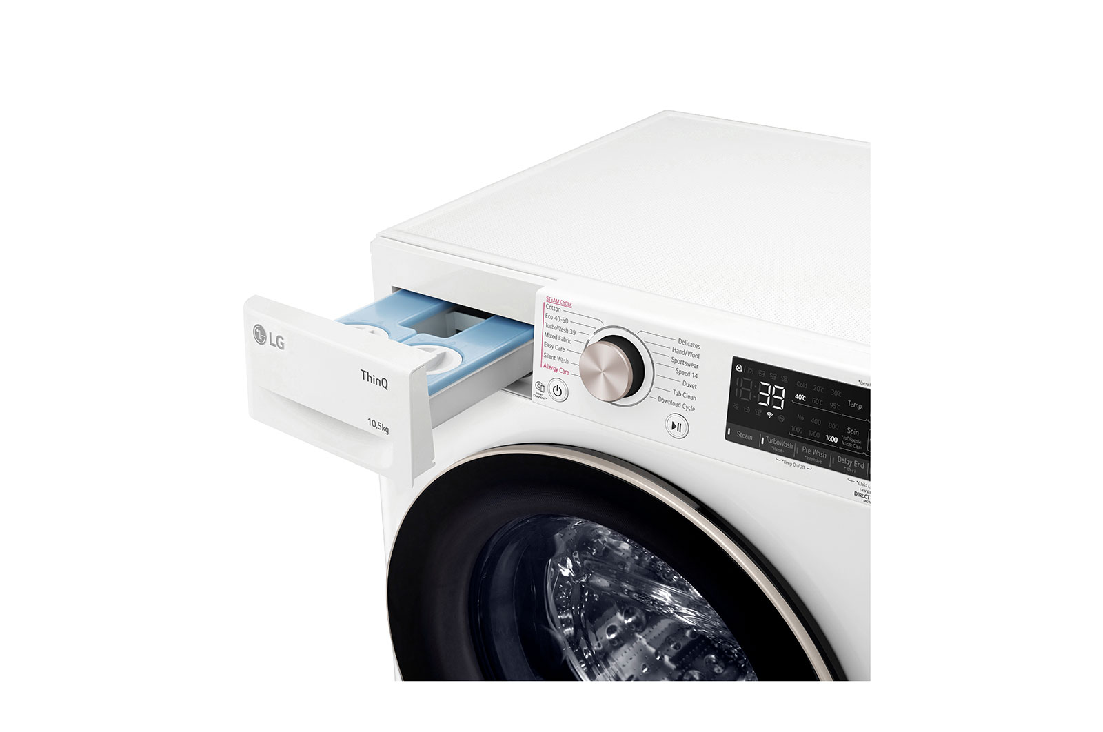 LG 10.5 kg Tvättmaskin(Vit) - Auto Dose, Steam, Energiklass A, TurboWash360™, AI DD™, Smart Diagnosis™ med Wi-Fi, FV96JNS2WA