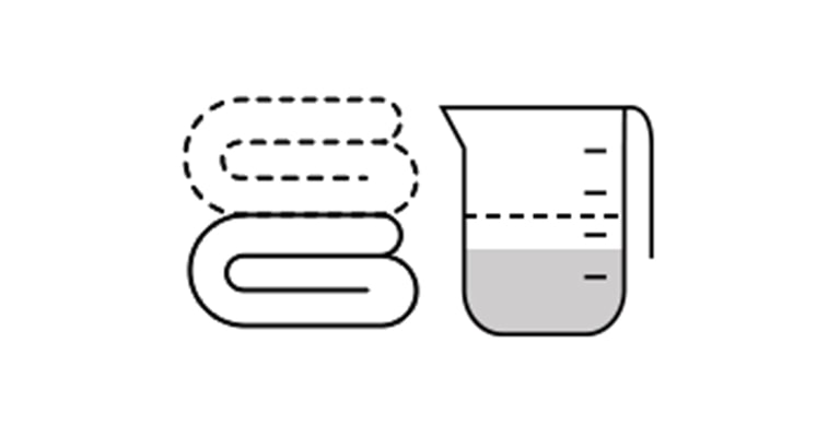 Handduksikoner som representerar lasten är bredvid en måttkoppsikon fylld delvis representerande tvättmedel.