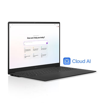 LG gram-laptop med Cloud AI, som visar ett smart assistentgränssnitt för onlinestöd och produktivitet.