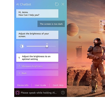 Sci-fi-innehåll spelas upp på en LG OLED-TV. På vänster sida av skärmen visas AI Chatbot-gränssnittet. Användaren meddelar chatboten att skärmen är för mörk, och chatboten föreslår lösningar.