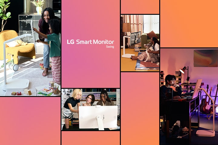 Bilden visar en kvinna som använder en LG Smart Monitor Swing med ett barn, tre personer som delar ett skrivbord och tittar på en LG Smart Monitor Swing, en man som tittar på en LG Smart Monitor Swing-skärm med sin hund och en annan man som sköter sitt arbete på en LG Smart Monitor Swing.