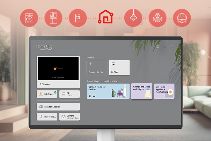 LG Smart Monitor Swing-skärmen visar ThinQ Home Dashboard-gränssnittet.