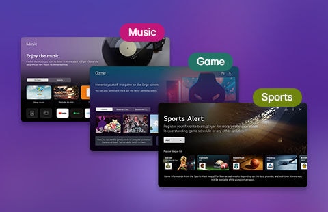 En mängd olika appar på webOS 23, inklusive Games, Music och Sports.