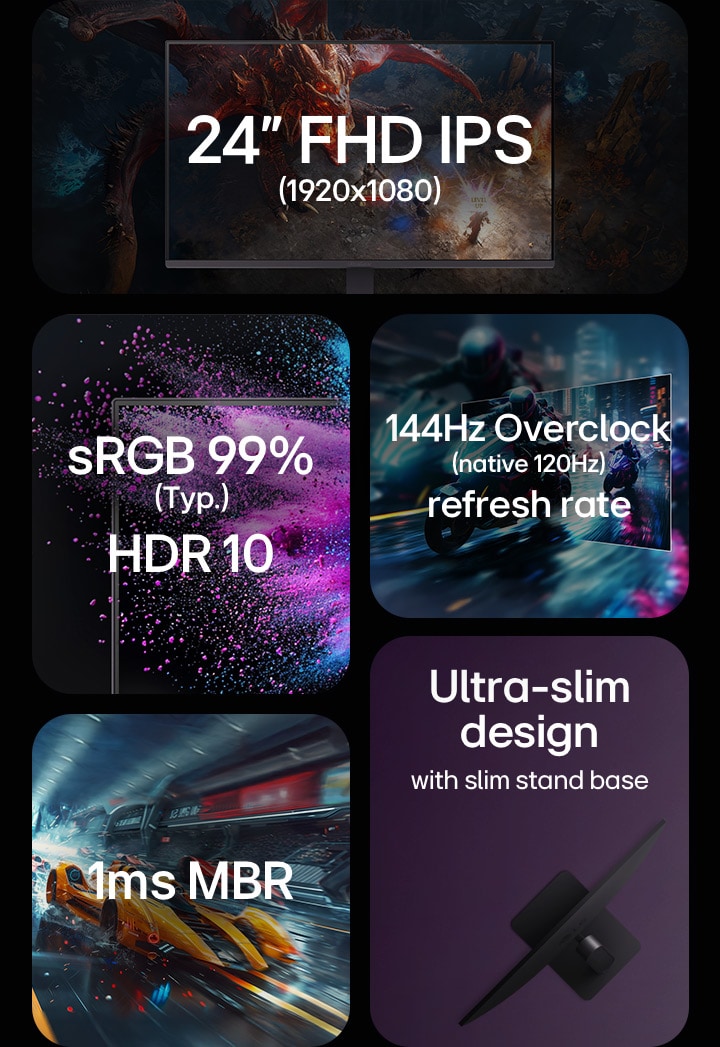 24-tums FHD IPS 1920 x 1080, sRGB 99 %, HDR 10, 120 Hz uppdateringsfrekvens, 1ms MRB, superslimmad design