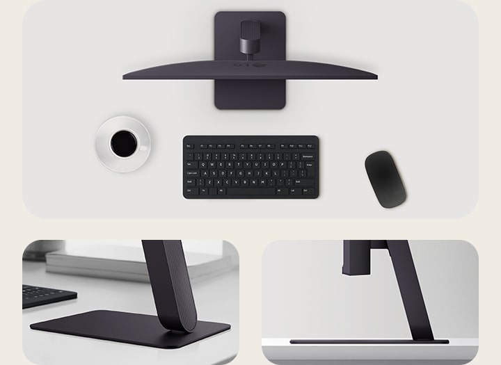 Vy ovanifrån av en LG UltraGear™-skärm med tangentbord, mus och kaffekopp på ett rent skrivbord.