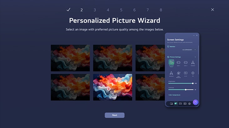 LG Switch App-gränssnittet visar skärmen uppdelad i sektioner med Personalized Picture Wizard. LG Switch App-gränssnittet visar skärmen uppdelad i sektioner med Personalized Picture Wizard.