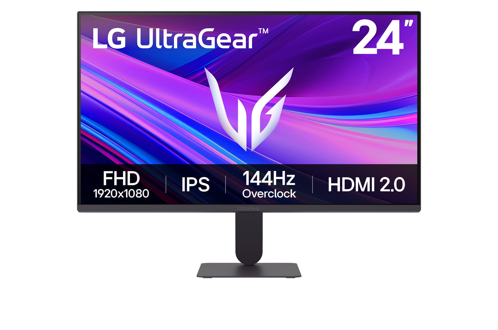 Vy framifrån av LG 24" UltraGear™ G4 144Hz (överklockning) FHD IPS-spelskärm | 24G411A | NVIDIA G-SYNC-kompatibel, sRGB 99 % (typ). 24G411A-B