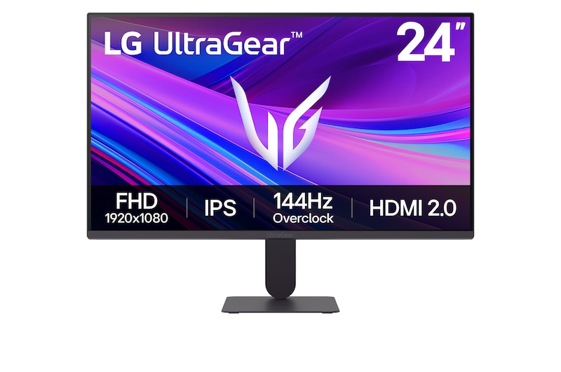 Vy framifrån av LG 24" UltraGear™ G4 144Hz (överklockning) FHD IPS-spelskärm | 24G411A | NVIDIA G-SYNC-kompatibel, sRGB 99 % (typ). 24G411A-B