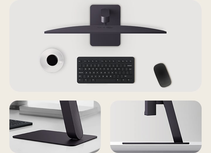 Top view of an LG UltraGear monitor with a keyboard, mouse, and coffee cup on a clean desk setup.