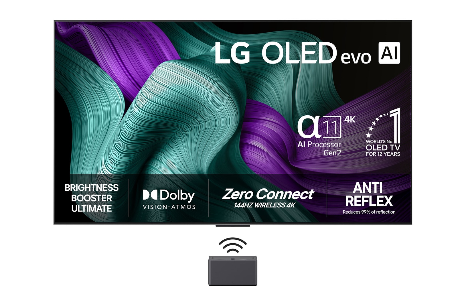 Vy framifrån av Världens första trådlösa TV 65-tums LG OLED evo AI M5 med 4K video- och ljudöverföring på 144Hz OLED65M59LA