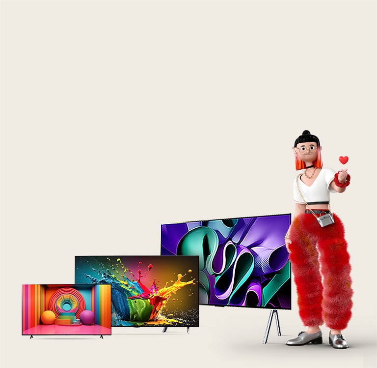 En animerad kvinnlig figur som gör ett hjärta med händerna visas bredvid tre OLED/QNED-TV:er: den första är en LG OLED TV, den andra är en LG QNED TV på ett stativ och den tredje är en LG OLED TV M4 med en 2-poligt stativ. Till vänster står orden "Hur väljer jag den bästa TV:n?" och en röd knapp med orden "Läs mer".