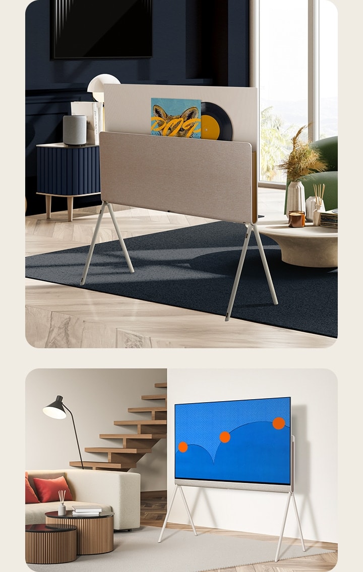 Two different living spaces. In one, the elegant back of the LG OLED Objet Collection Posé TV is seen. In the other, the front side of the TV is featured with artwork on its screen.