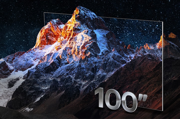 Mountain range with the frame of a TV around it as a creative way to highlight a large TV screen size. With the label 100 inches.