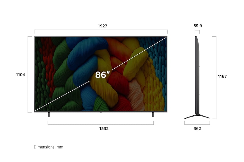 Front view and side view of LG NanoCell NANO80 AI 4K Smart TV showing its length, width, height, and depth dimensions.