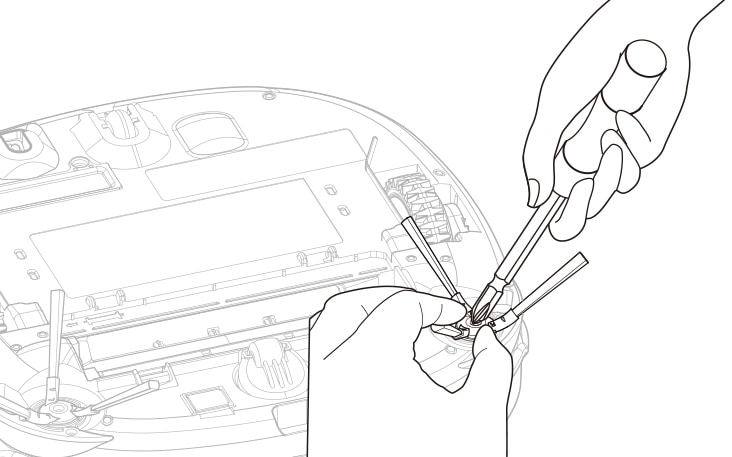 Hands holding a screwdriver and pliers, repairing or assembling an electronic device with an open back panel.
