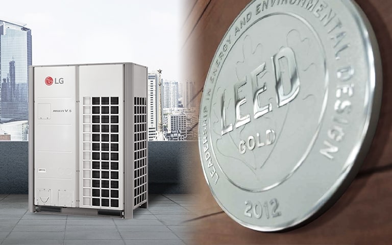 Images of an outdoor unit installed on the roof of a building and LEED® certification on a wall.