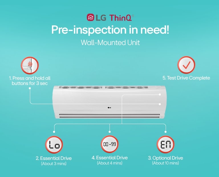 LG wall-mounted unit air conditioner with instructions for pre-insepction steps.