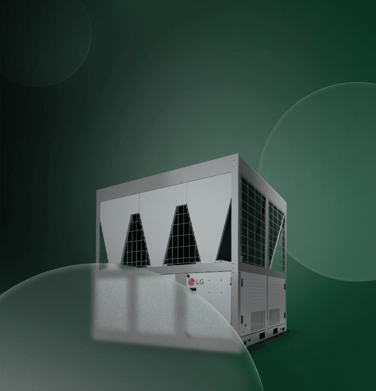 LG inverter scroll chiller with green background.
