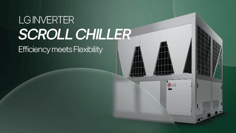 LG inverter scroll chiller with green background.