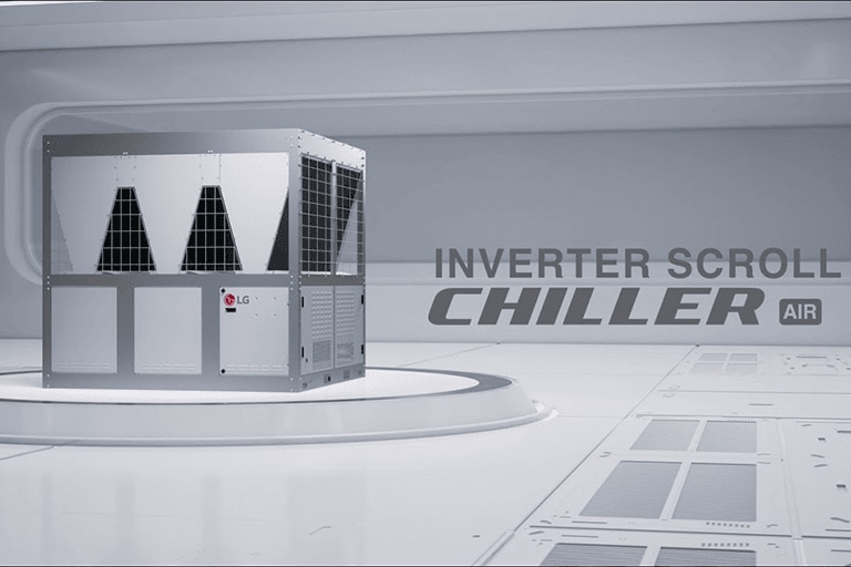 LG Inverter Scroll Chiller AIR unit showcased in a modern, futuristic setting