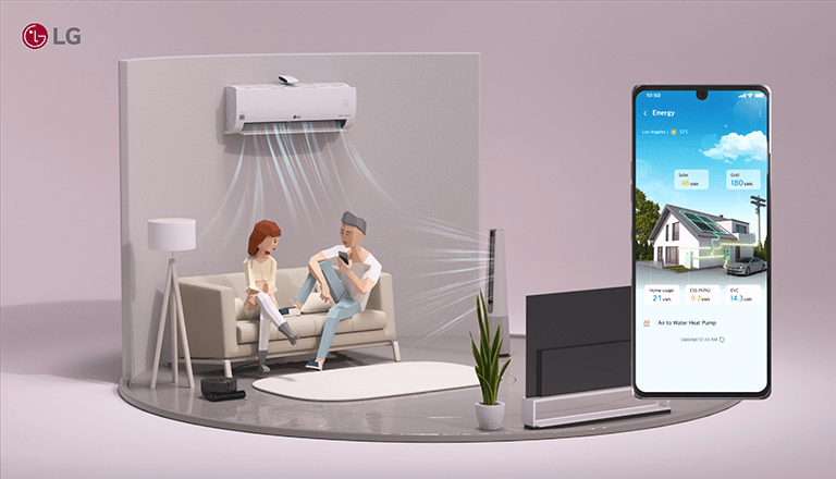 LG system managing home energy and air conditioning via a smartphone app.