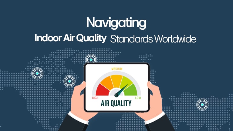 Navigating indoor air quality standards worldwide with an illustration of a tablet displaying air quality levels from high to low.