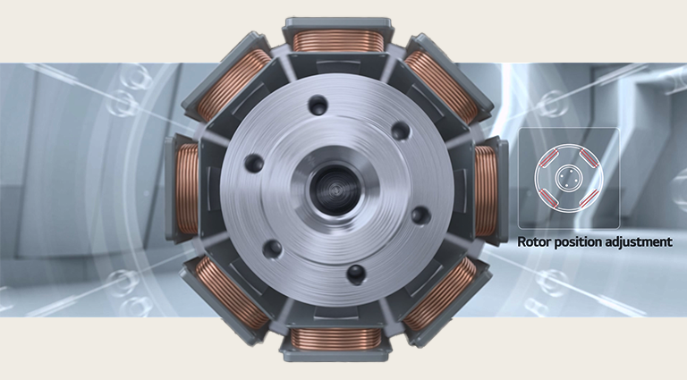 Magnetic Bearings: Adjusts rotor position every 0.5 milliseconds. Close-up view of a rotor with copper coils and an inset showing rotor position adjustment.