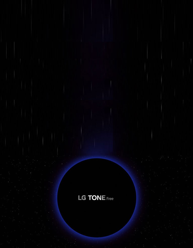An image of a galaxy space and a blue-lighted circle in the middle of it with “LG TONE Free” lettering inside the circle