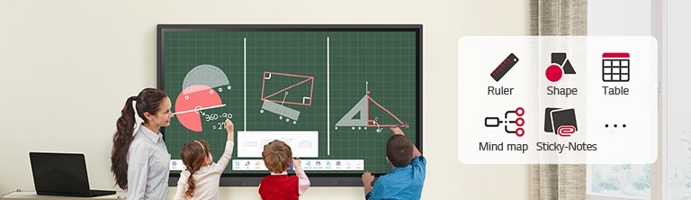 Students are solving problems using various ruler models on the LG CreateBoard menu.