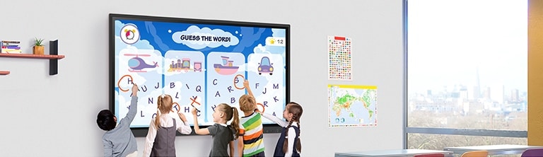 "In the classroom, several students are simultaneously writing on the LG CreateBoard screen. "