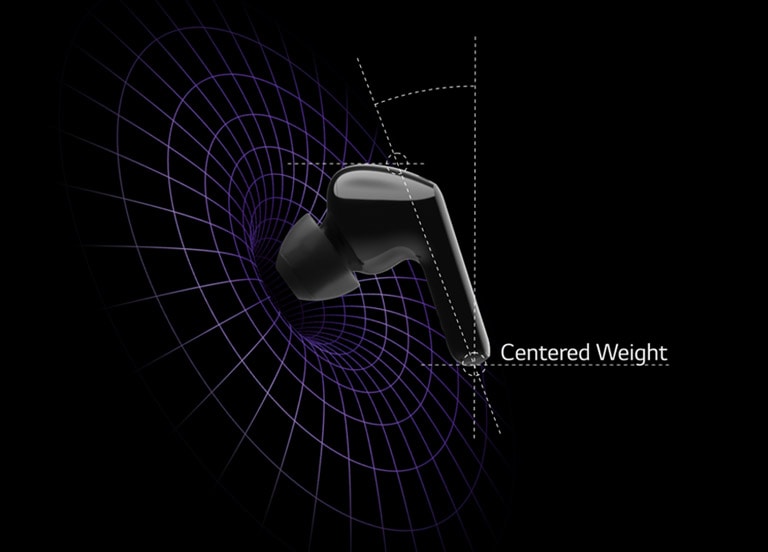 An image of an earbuds in a virtual space with diagrams showing that the weight is centered on the head of the earbud