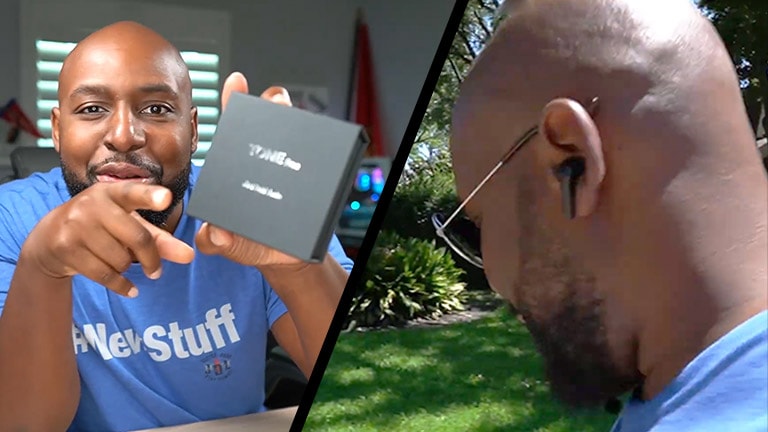 Two images of a tech reviewer holding the TONE Free package and walking with the earbuds on