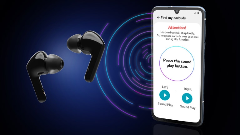 An image of a phone and earbuds in a virtual space with blue, purple, red lines circling on the background