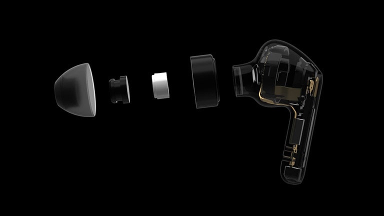 An image of a black earbud that is separated into four parts to show the intricate technology engineered in it