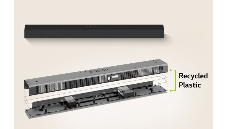 There is a front view of soundbar behind and a metal frame image of soundbar in front.