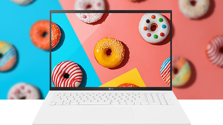 It shows the DCI-P3 99% (Typ.) wide color gamut with vivid and colorful donuts on the screen.