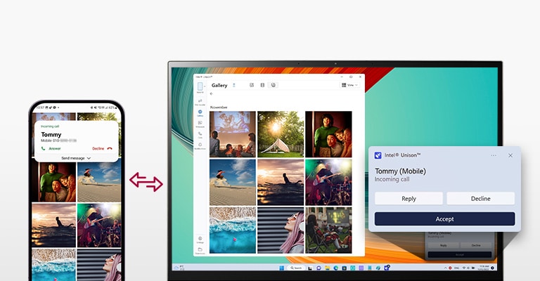 It shows that the mobile device and gram are connected to transfer files easily, send test messages, and make a phone call with gram.