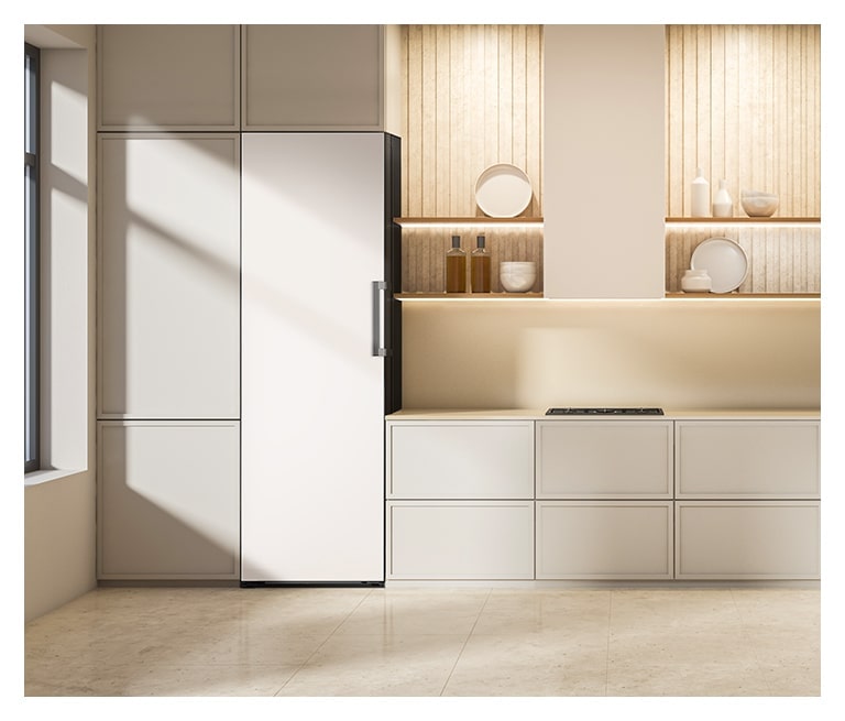 It shows mist beige color LG Freezer Objet Collection is placed in the kitchen.