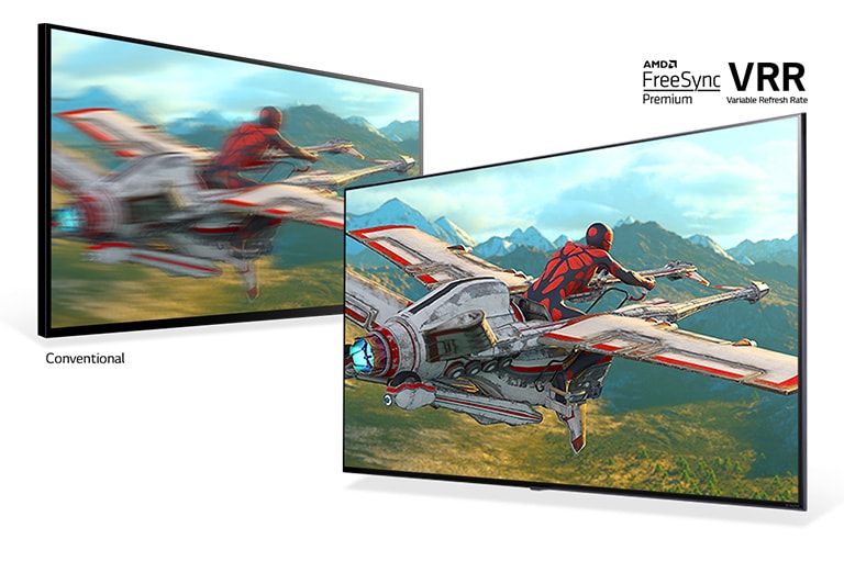 Two TVs show stills from a racing game. The converntional TV's image is blurry, the TV with AMD FreeSync & VRR is sharp.