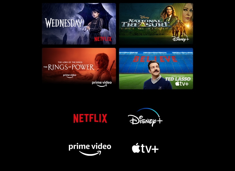 A poster of Wednesday from Netflix, National Treasure from Disney , The Rings of Power from Prime Video, Ted Lasso from Apple TV Plus, and a still from LG Channels with a leopard in the wild.