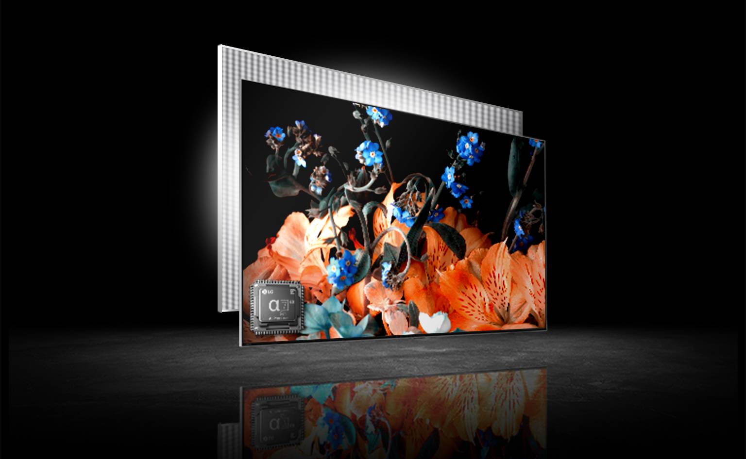 There are two TV screens – one on left another on right. There are same images of a beautiful bunch of colorful flowers on black background on both TV. An image on left is a bit pale while an image on right is very vivid. There is a processor chip image on left bottom corner of a TV on right image.