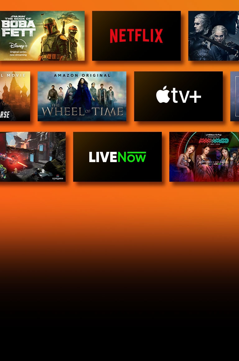 There are logos of streaming service platforms and matching footages right next to each logo. Netflix logo and money heist and the Witcher. Disney logo and Boba Fett. Prime Video logo and Without Remorse and The Wheel of Time. NVIDIA Geforce Now logo and gameplay images of Cyberpunk 2077 and Splitgate. Apple TV plus logo and Foundation and Finch.