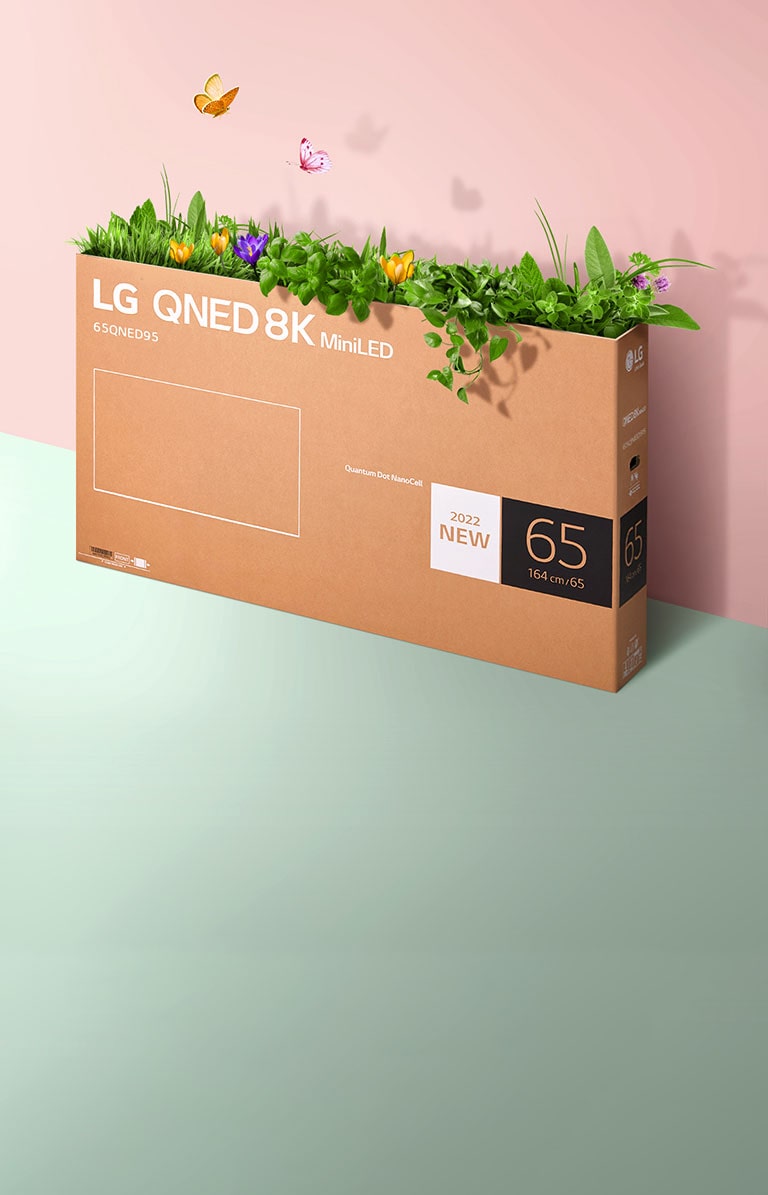 A QNED packaging box is placed on pink, green background and there is grass growing and butterflies coming out from its inside.