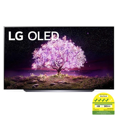 front viewFront view of LG C1 83" OLED 4K TV with self-lit pixels; pink glowing tree infill, OLED83C1PTA