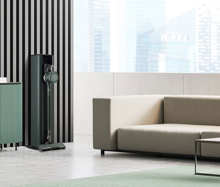 It shows LG CordZero All-in-One Tower Objet Collection is placed in a modern living room.