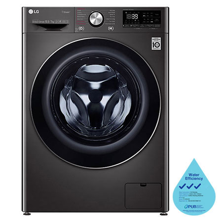 Front view of LG AI Direct Drive Front Load Washer Dryer with Turbo Wash, 10.5/7KG, in premium black, FV1450H2K