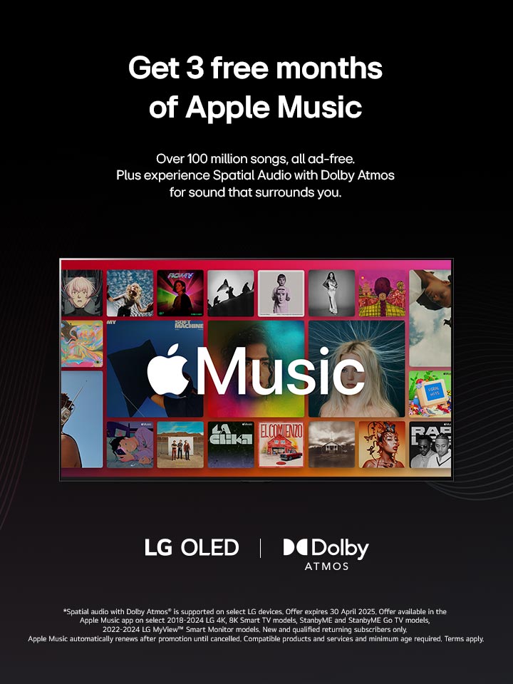 A grid layout of albums with the Apple Music logo overlayed, with LG OLED and Dolby Atmos Logo below.