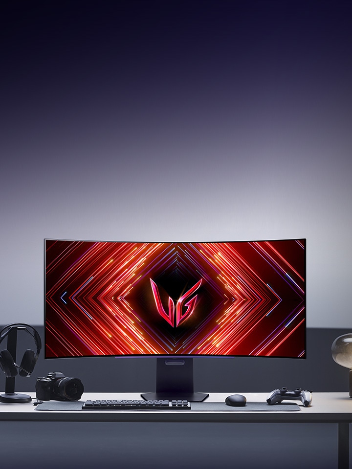 An image showcasing the gaming setup of the LG UltraGear OLED curved gaming monitor 45GS95QE and 45GS96QB model.