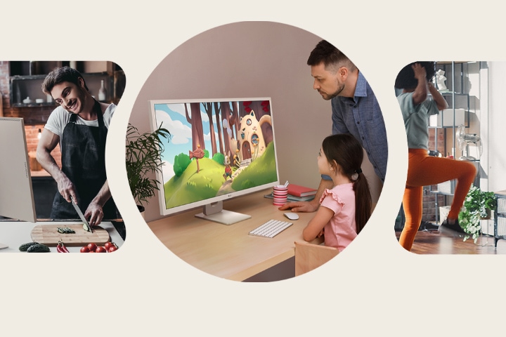 Versatile usage scenes of the LG MyView Smart Monitor that seamlessly fits into various spaces such as desks, kitchens, living rooms, and bedrooms.