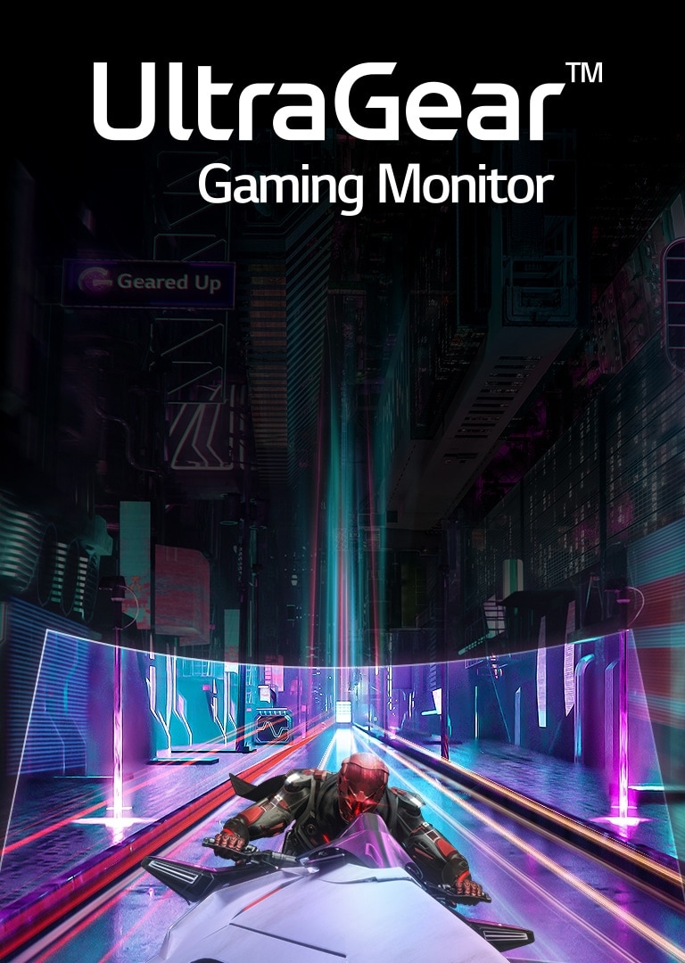 Horizontal banner with "UltraGear™ Gaming Monitor" text at the centre with muted neon game graphic in the background